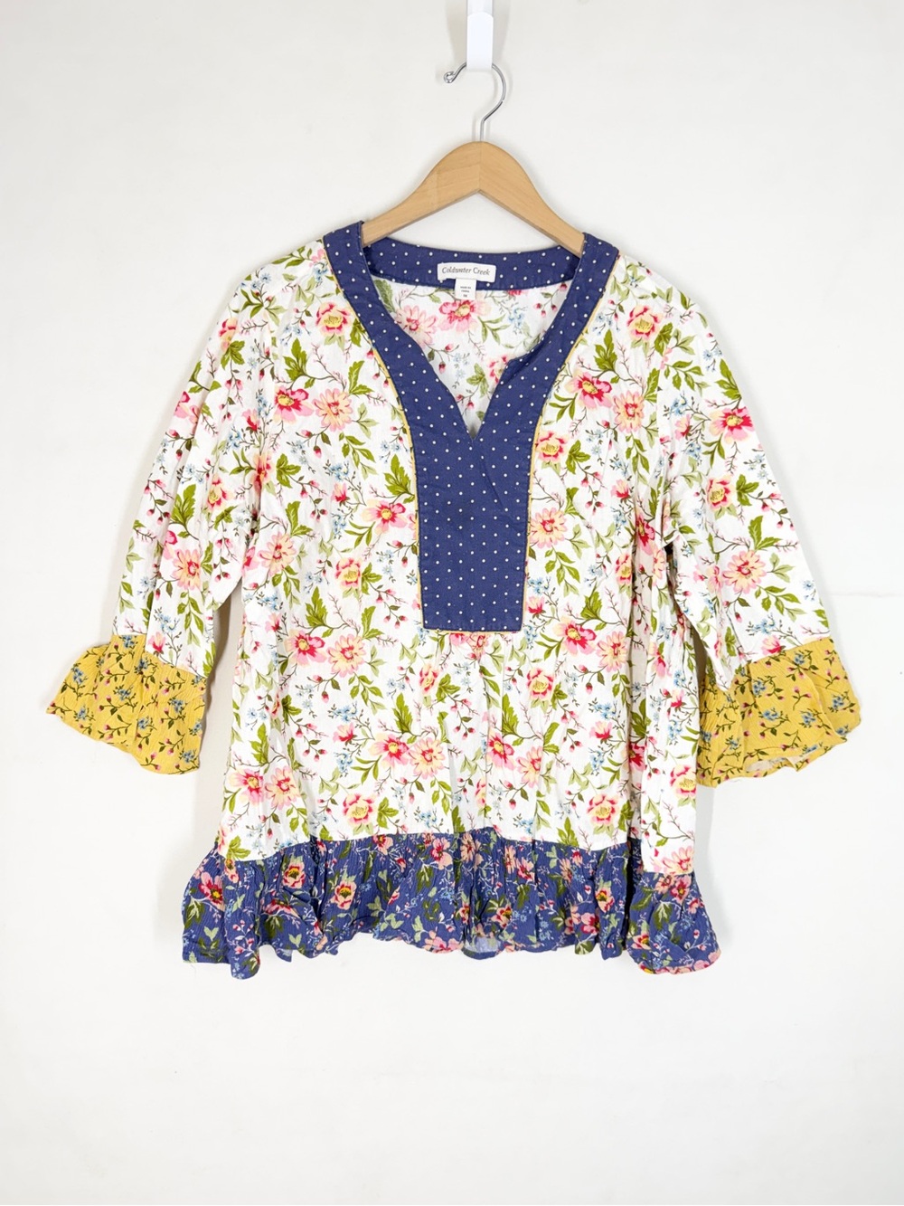 Coldwater Creek Women Blouse Plus 1X Floral Polka Dot Cottagecore Boho Patchwork